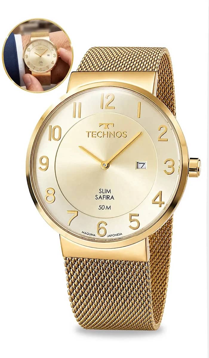 Relógio Technos Masculino Aco Inox Dourado Slim Safira Analogico Prova Dagua Social Elegante Gm15ao-1k