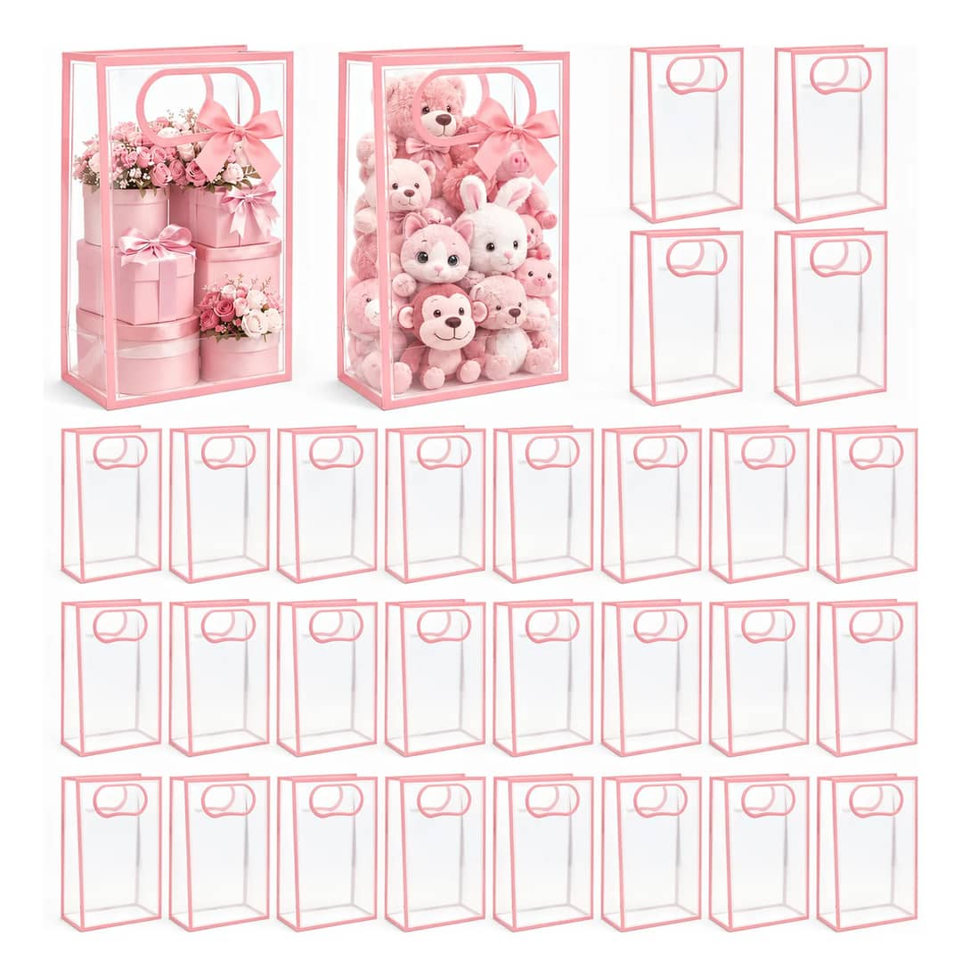 Kit 30 Sacola Transparente Para Presente Pvc Com Borda Rosa
