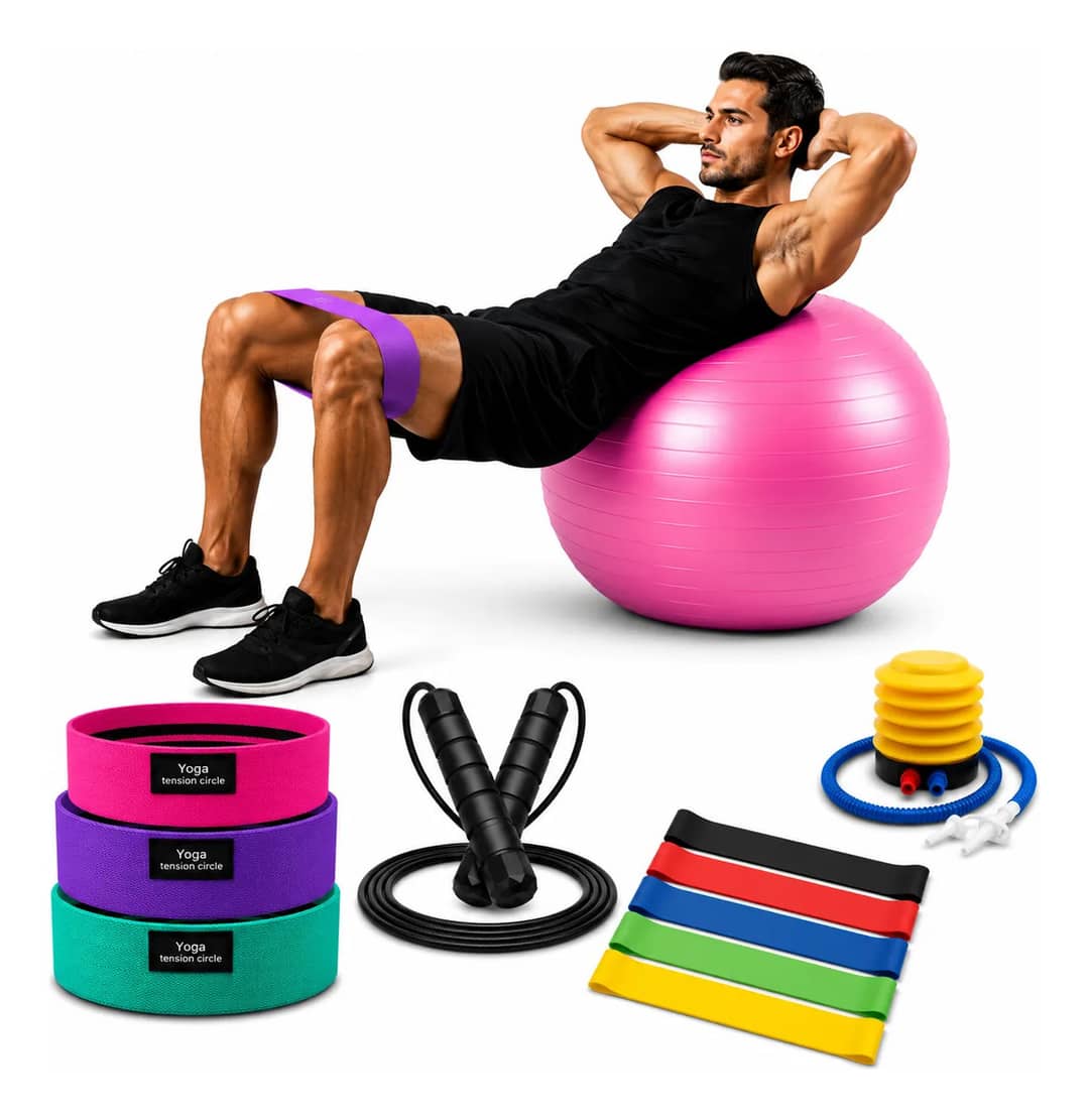 Kit Bola Pilates 65cm + 5 Mini Bands + 3 Hip Bands + Corda Rosa