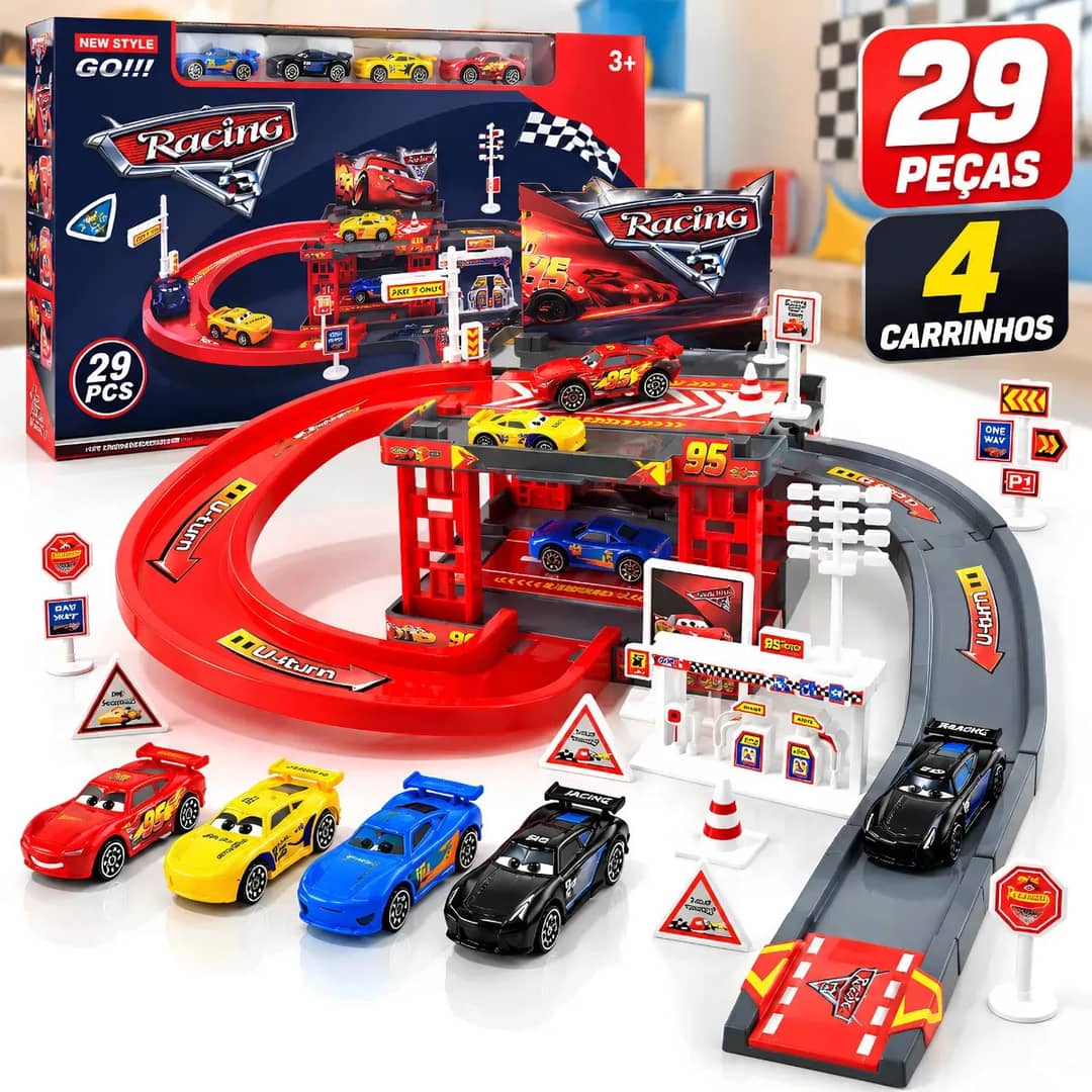 Brinquedo Pista 4 Carros Relampago Mcqueen Garagem Estacionamento Rampa Cone Acessórios Crianças Natal Marca:multion Vermelho
