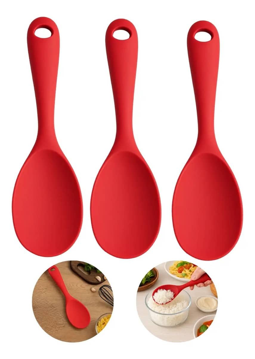 3 Colheres Silicone Peças Para Cozinha Arroz Jogo Kit 3 Und Vermelho