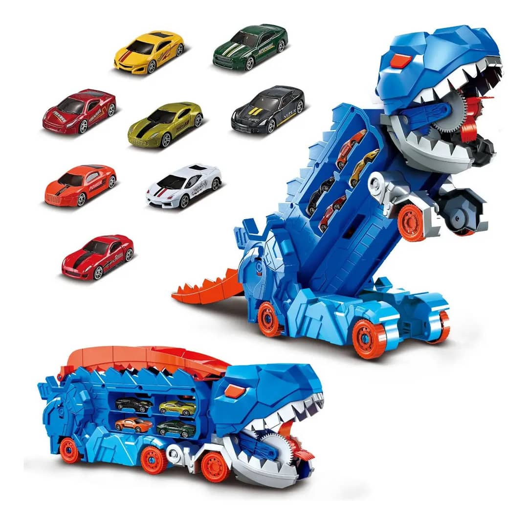 Caminhão Dinossauro Pista Com Carrinhos Maleta Transporte Cor Azul