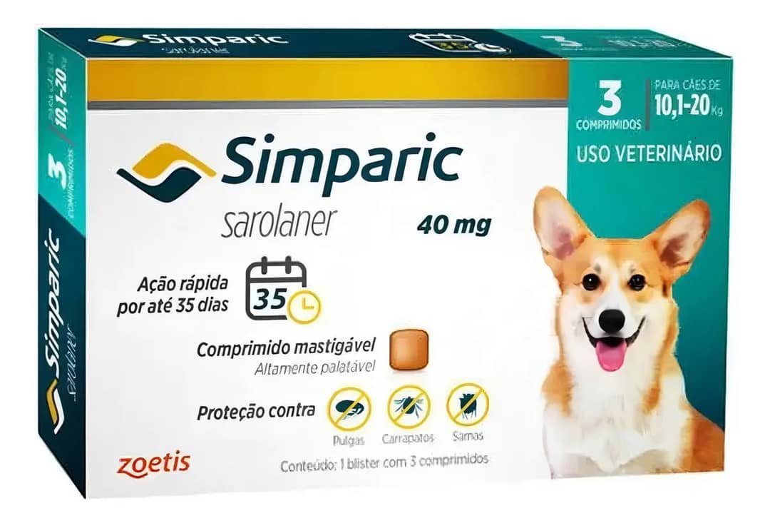 Antipulgas Zoetis Simparic 40mg Cães 10,1-20kg 3…