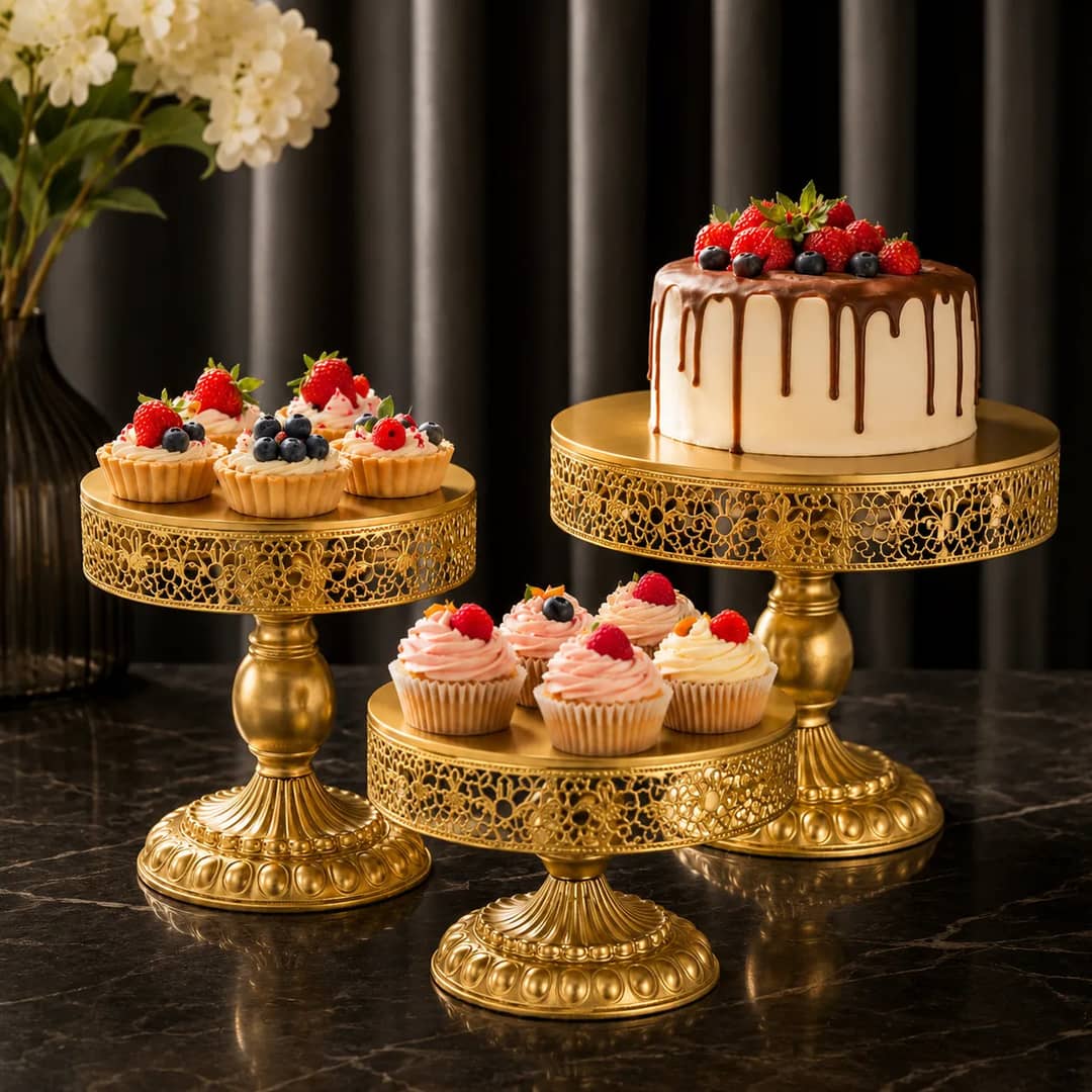 Suporte Bolo Metal Redondo Dourado Bandeja Festa Alto 3 Pçs Dourado Kit Locação Buffet Aluguel Decoração Festa Luxo Premium