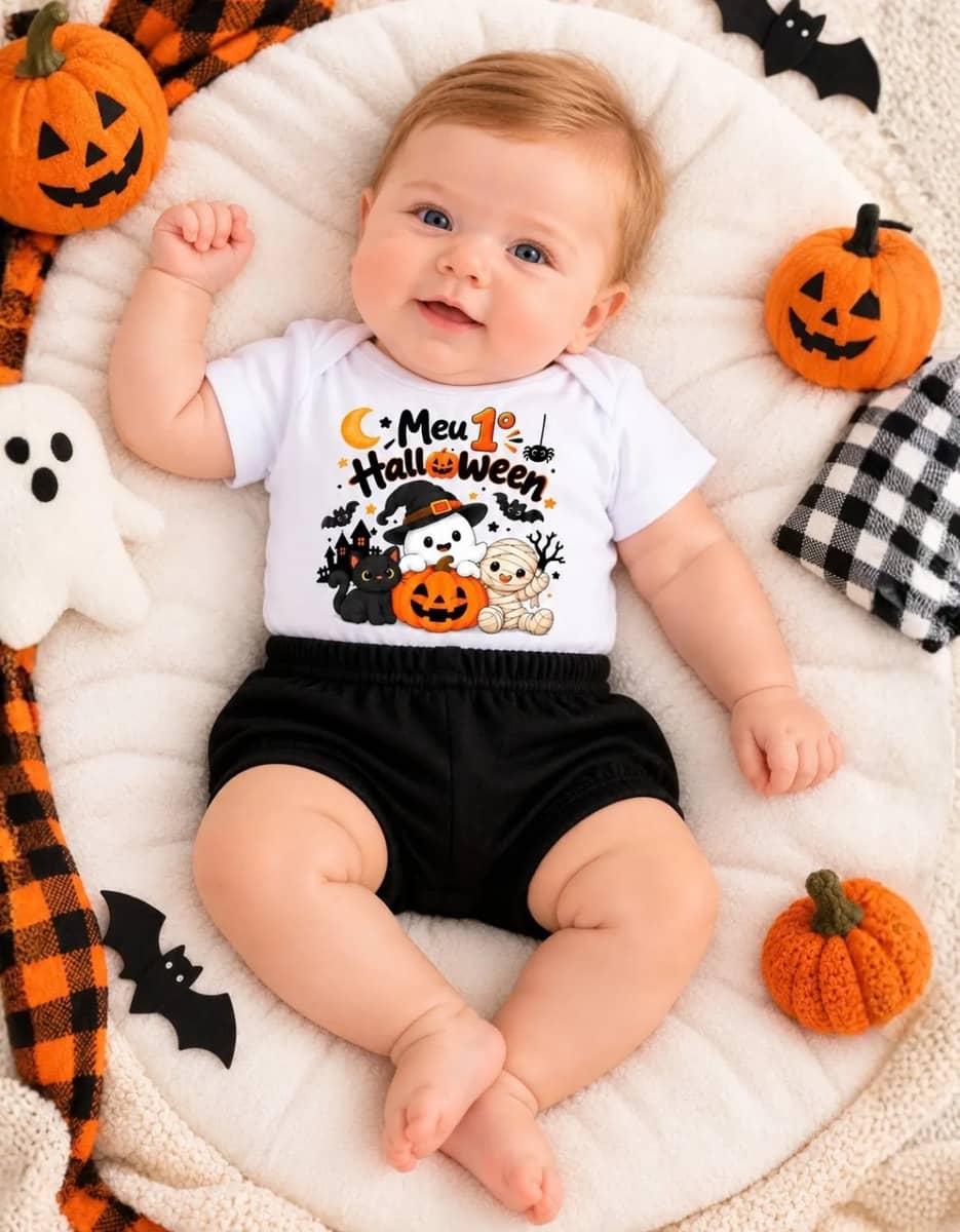 Conjunto Roupa Bebê Menino Verão Calor Mesversario Turminha Halloween Preto P (1-3 Meses) Ate 6kg