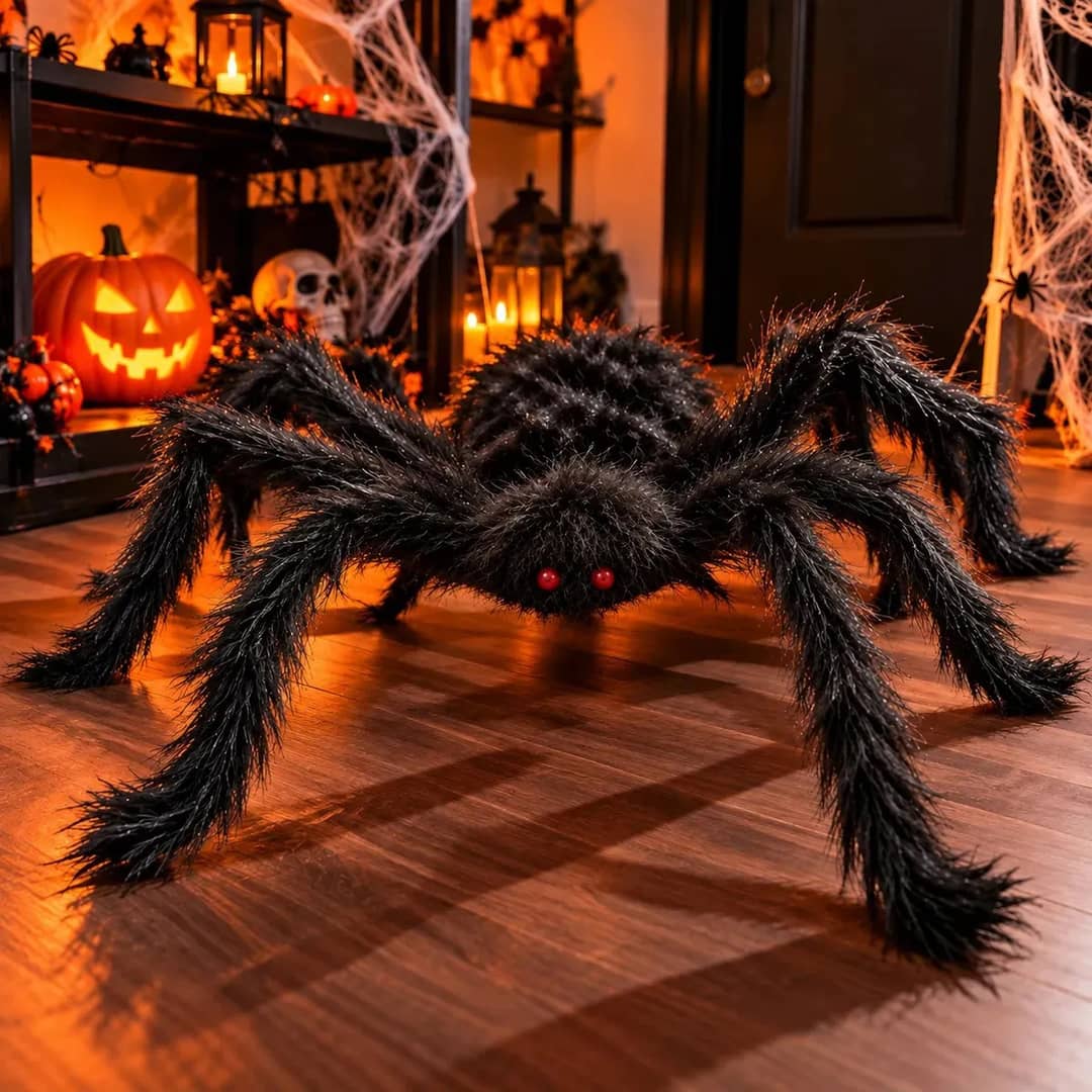 Aranha Peluciada Gigante Pacotinho Decor Halloween 75cm Decoração Preto