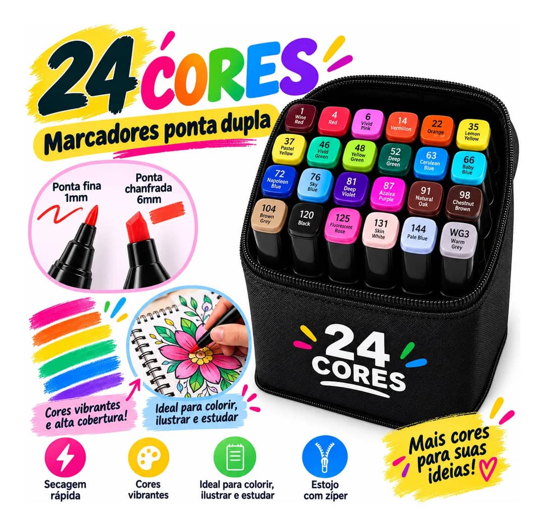 Kit Canetinhas 24 A 80 Cores Ponta Dupla Para Colorir Estojo 24 Cores