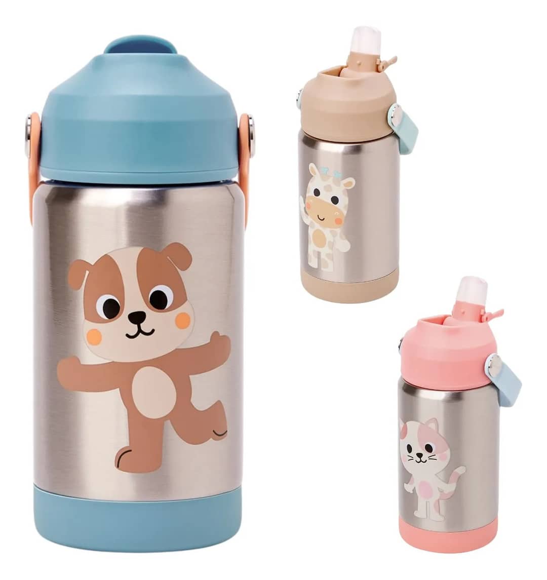 Garrafa Térmica Buba Infantil Com Canudo De Silicone Bebê Azul Cachorro