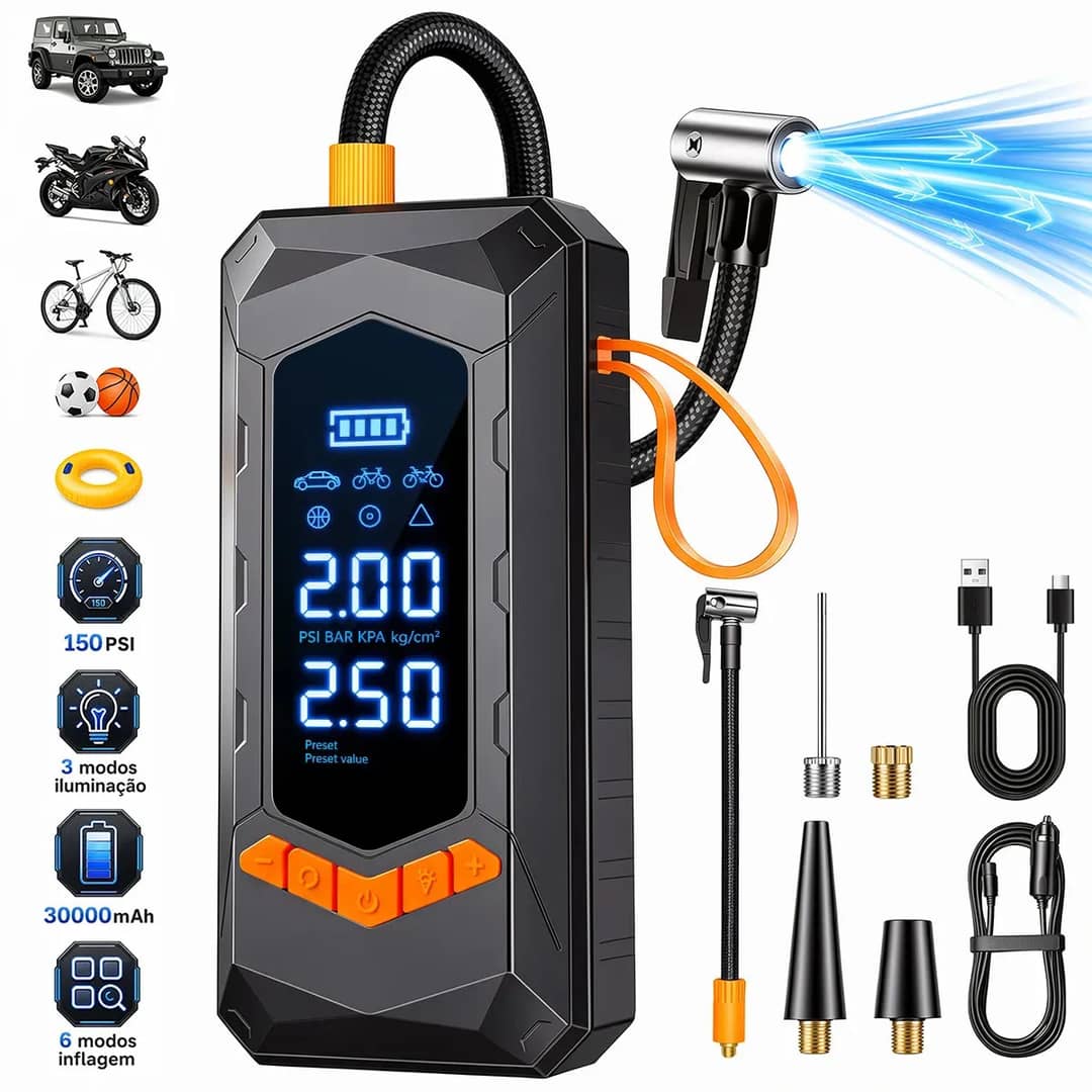 Aweshine Compressor De Ar Portátil Digital 150psi Com Calibrador De Pneus Portátil,6 Modos De Inflação Luz De Emergência 3 Modos Para Carro Moto Bicicleta 60hz