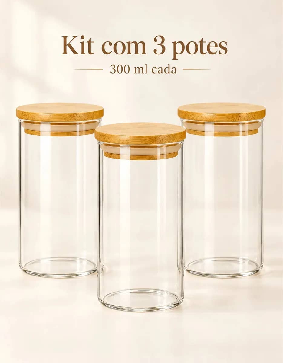 Kit 3 Potes Tampa De Bambu 300ml Hermético Vidro Borossilicato Porta Temperos Mantimentos Alimentos Redondo Transparente Bravli Sem Cor